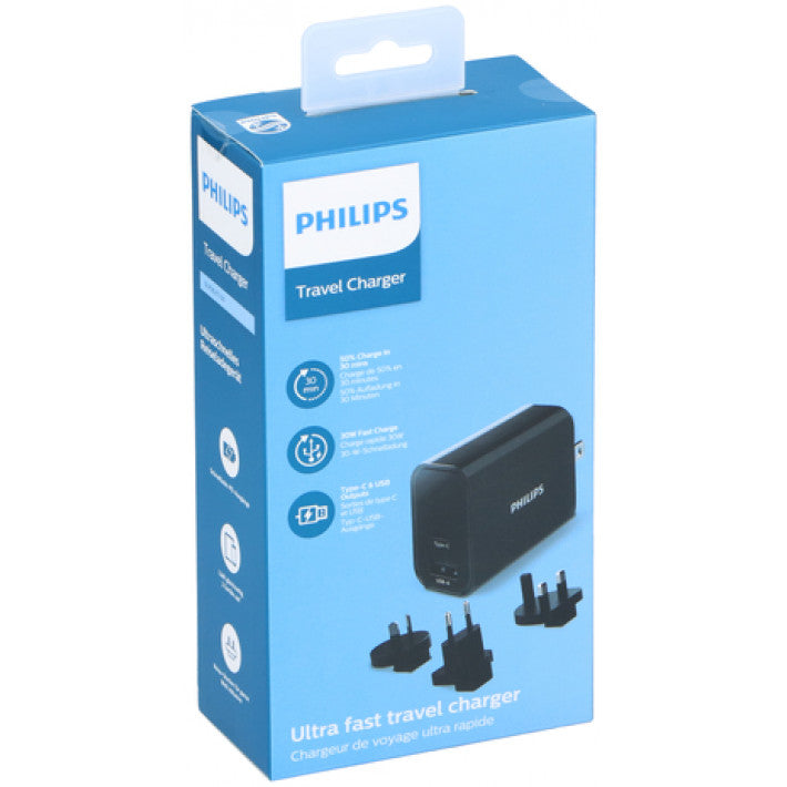 Reiselader USB-C+USB-A med adaptere for EU/UK/US/AU