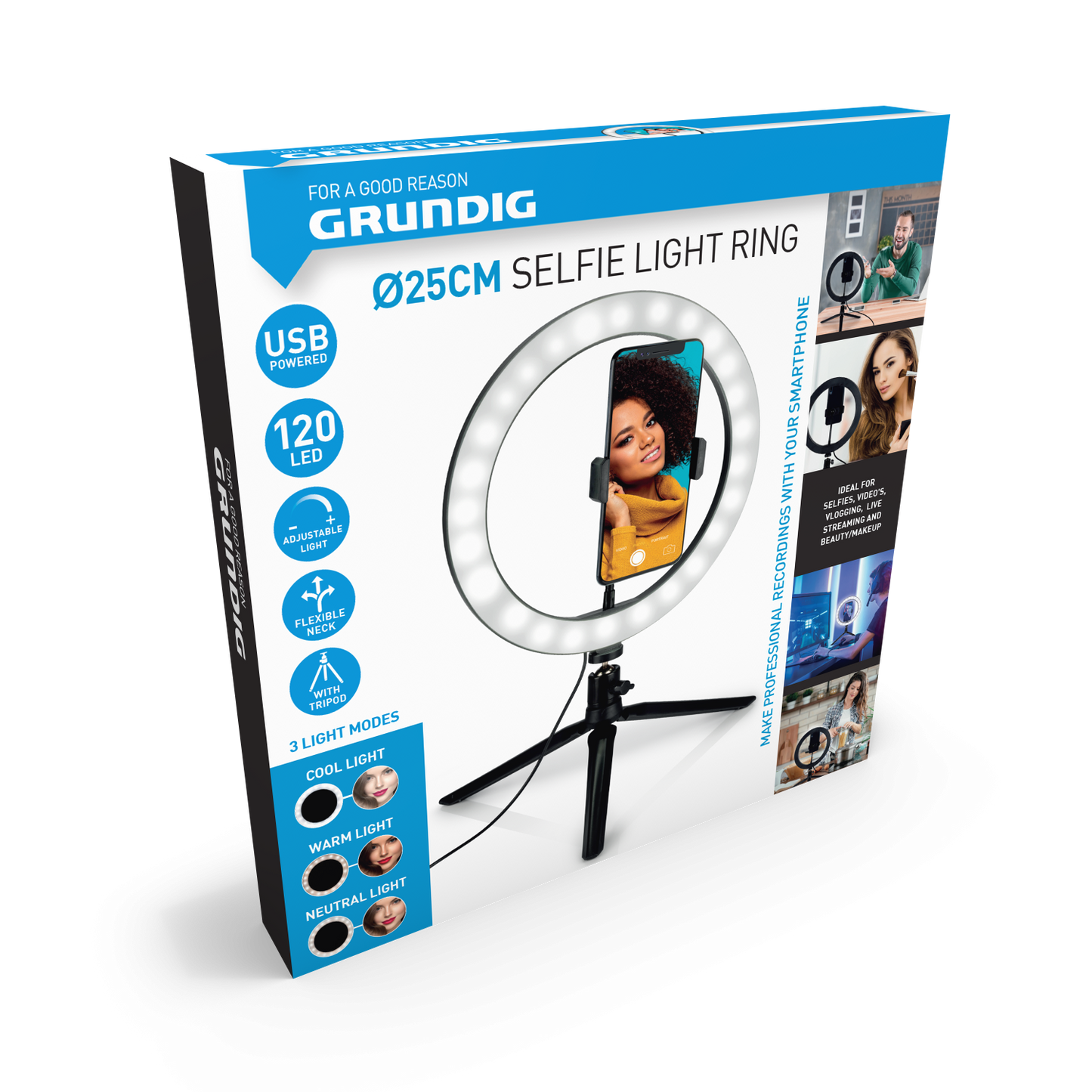 Ringlys med mobilholder og stativ D25 cm 120 LED
