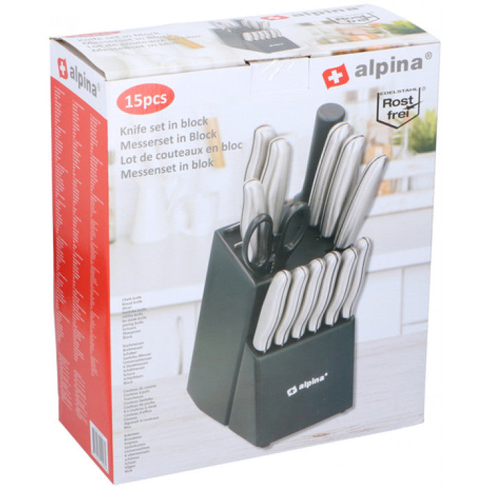 Komplett knivsett med blokk, slipestål, saks + 12 kniver