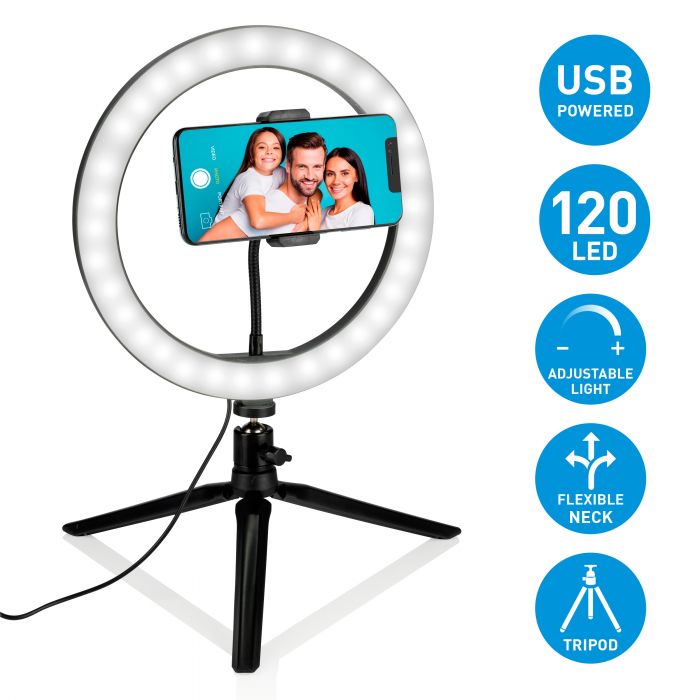 Ringlys med mobilholder og stativ D25 cm 120 LED